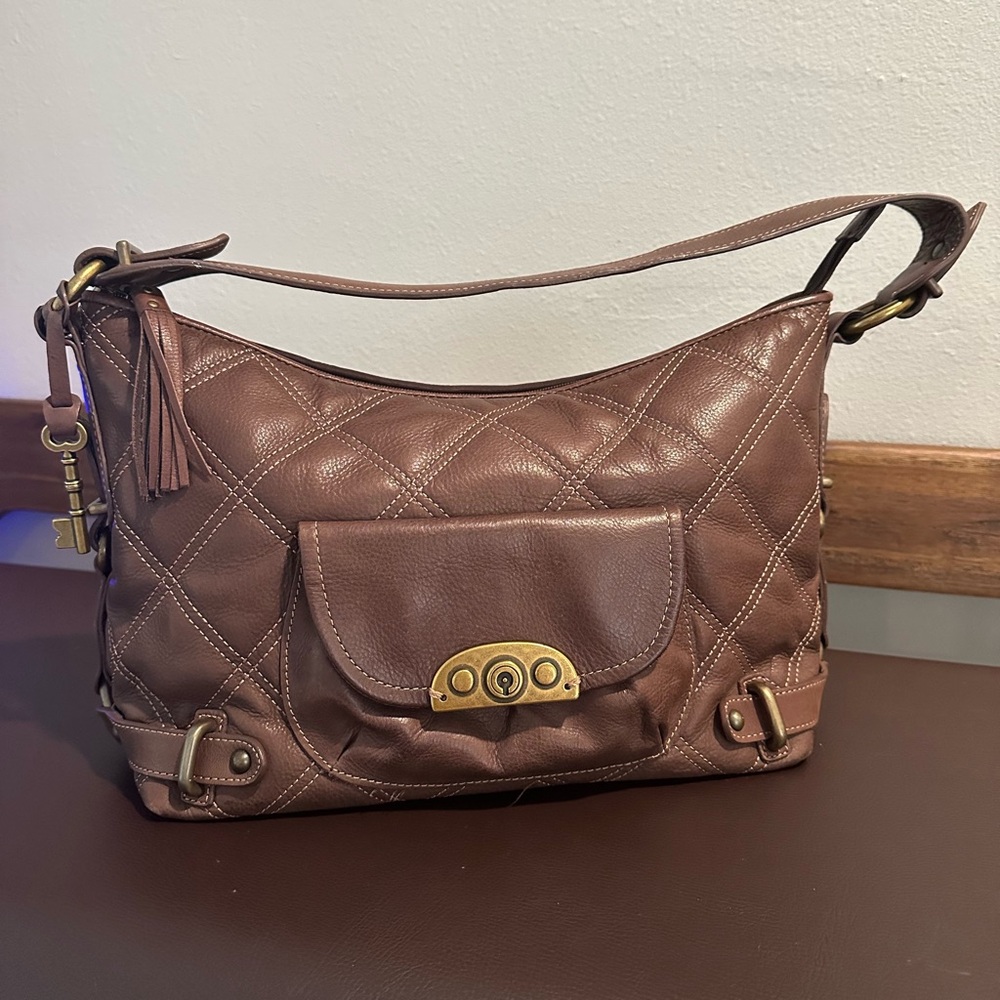 Vintage Fossil 75082 Brown Quilted Leather Shoulder Bag Brass Hardware